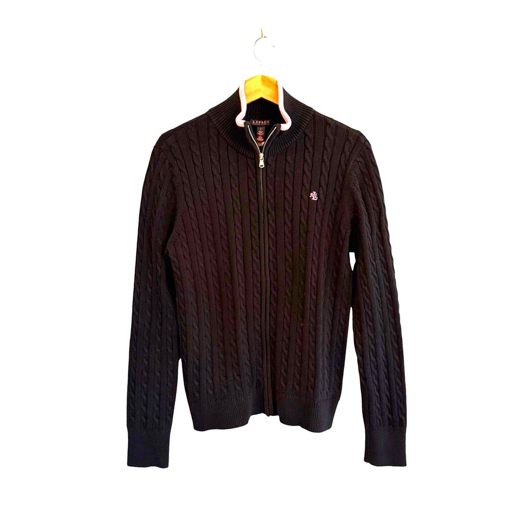Lauren Ralph Lauren Womens Black Cable Knit Sweater Size L Full Zip Old Money